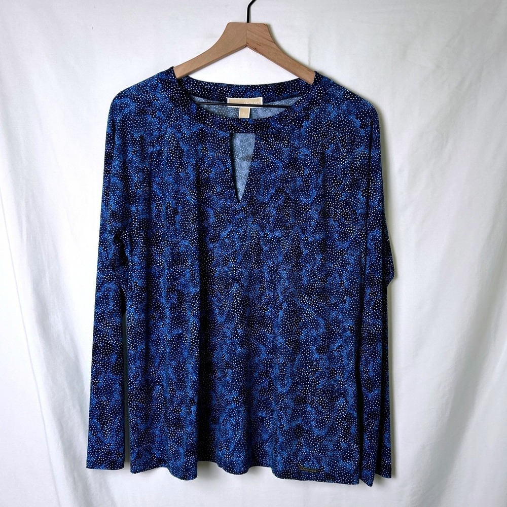 Michael Michael Kors Women Keyhole Neck Abstract Dot Print Top Size L Blue Black